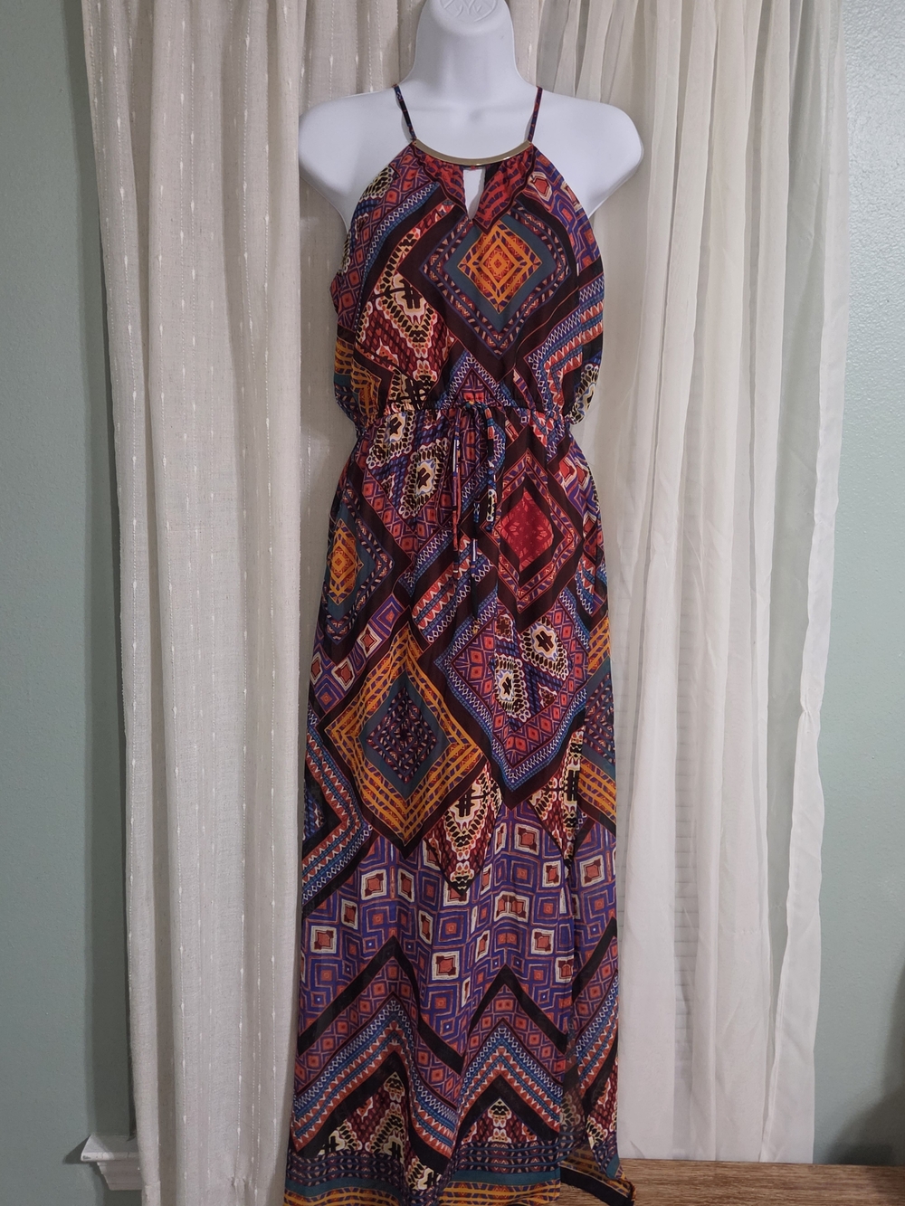 Sweet Storm Multicolor Geo-Print Halter Maxi Dress